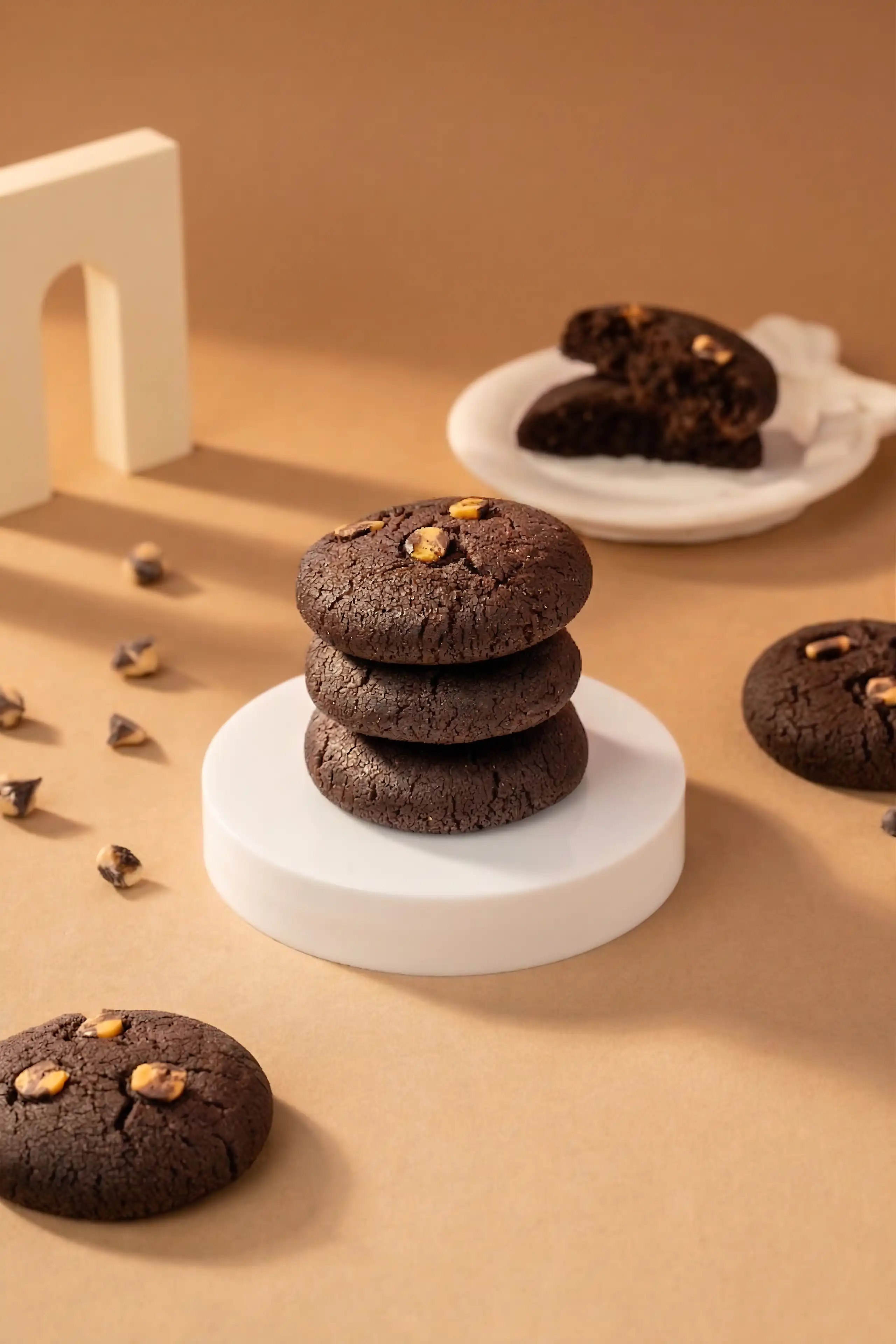 Chocolate sandwich cookies arranged on white plinths in a warm beige studio set