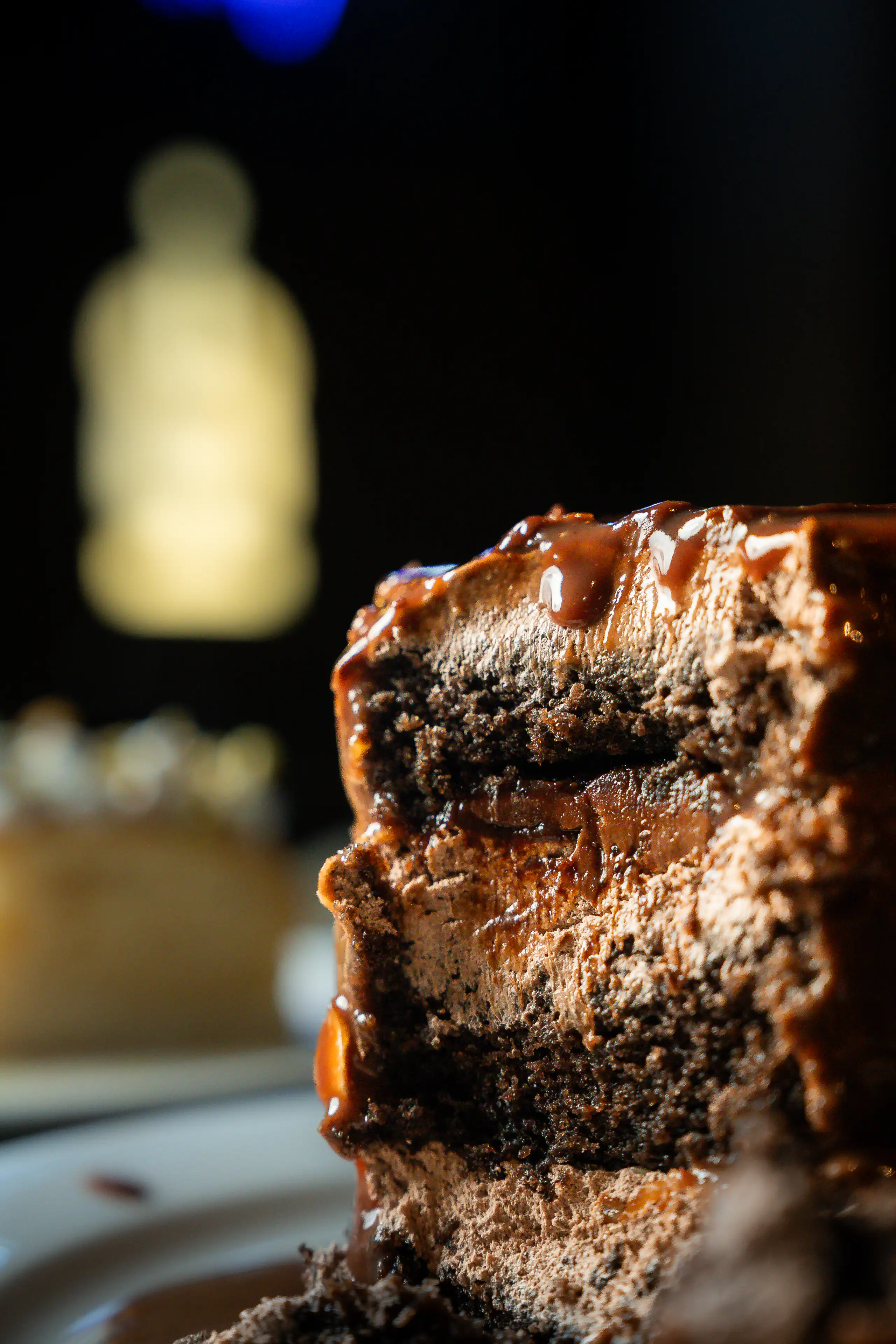 Close cut through a layered chocolate dessert