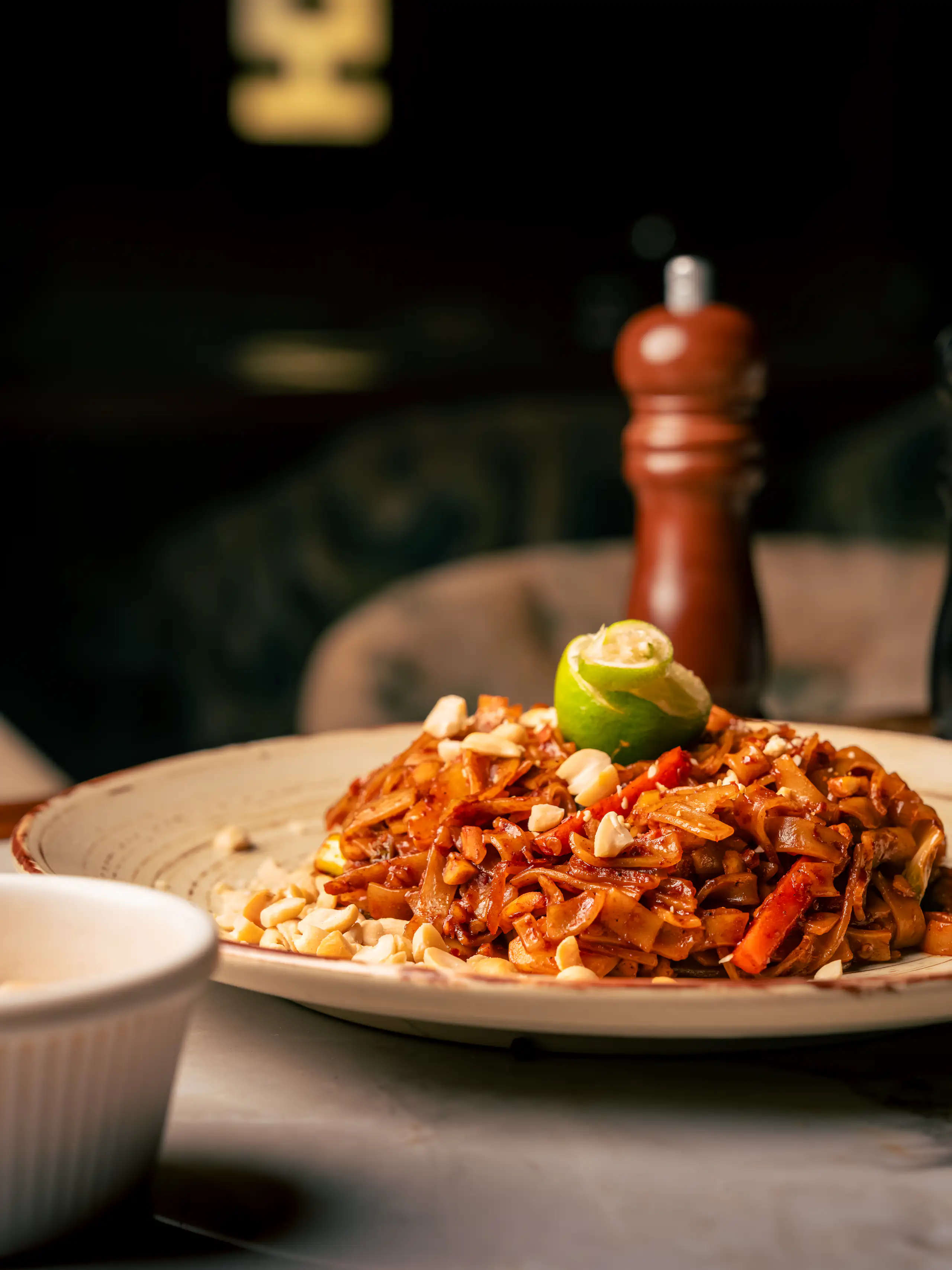 Glossy noodles plated on a warm sunlit table
