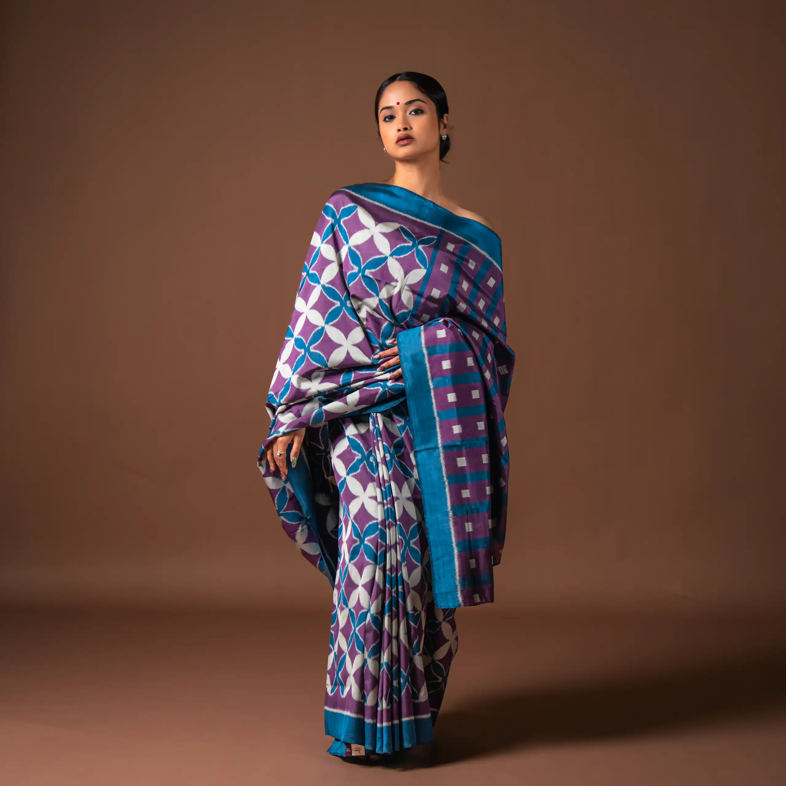 Woman wearing a blue geometric sari against a warm studio background